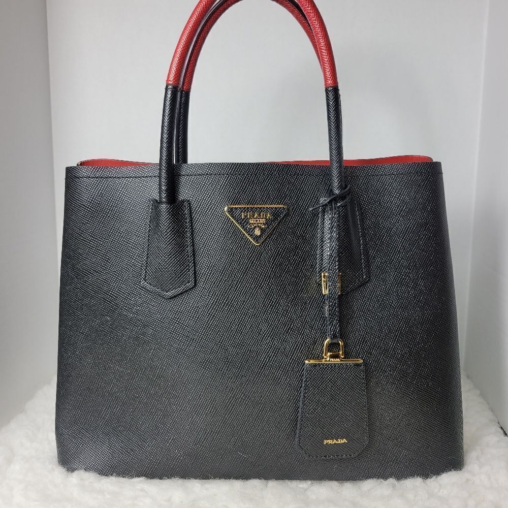 Prada Saffiano Women's 2 Tone Red And Black Large Double Tote Bag - Picture 13 of 15